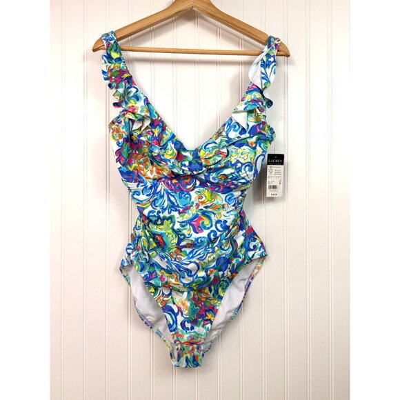 Lauren Ralph Lauren Women's Multicolor Ruffle One-Piece Swimsuit Size 16 NWT